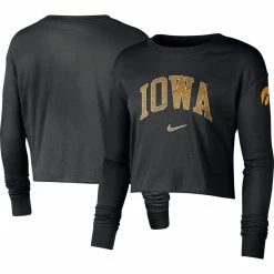 Nike Women's Black Iowa Hawkeyes 2-Hit Cropped Long Sleeve Logo T-Shirt